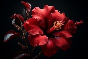 Crimson flower against dark backdrop. Generative AI