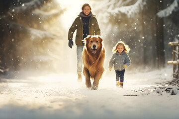 Happy family walking in winter forest with dog