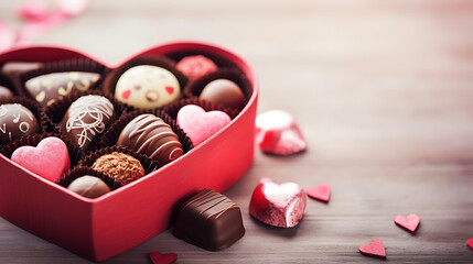 Box of Chocolates Heart Shaped, Handmade Candies, Pralines Truffle, Easter and Valentine's Day Greetings background with copy space