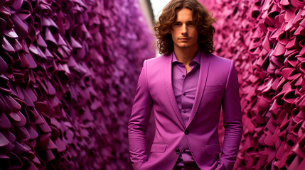 Stylish Contemporary Male Model in Trendy Purple Outfit for Fashion Magazine Editorial