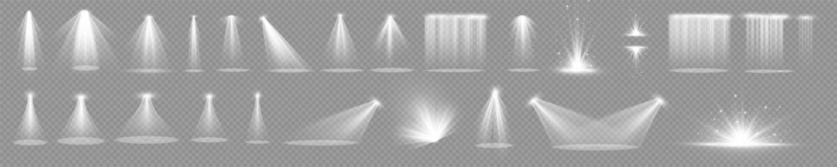 Set of spotlights isolated on transparent background. Vector glowing light effect with golden beams and beams. The light of the star shines from the sun in white.