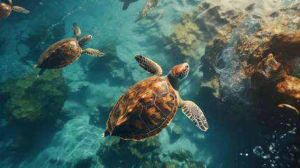 Fotobehang A group of beautiful green sea turtles swim in the water near the shore. Charming reptiles are long-lived in the wild. View from above. Marine inhabitants Generative AI. © Nikolai