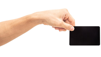 The man's hand holds black card isolated on white background.