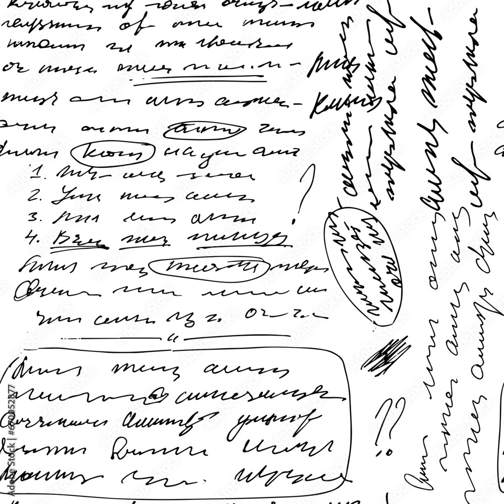 Fototapete seamless vector pattern with illegible text and ink stains, abstract vintage background of illegible
