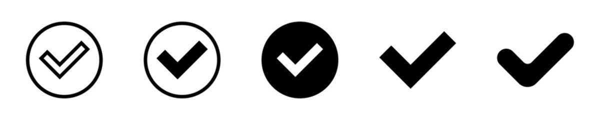 Check mark icon. Black tick icons set. Complete and done icon symbol. Correct icon in flat style. Vector stock illustration.