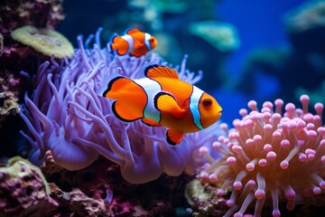 Naklejka na ściany i meble Beautiful colorful sea fish live in an aquarium among various algae and corals. Rare fish species in the aquarium. Red Amphiprion Clown fish. Generative AI.