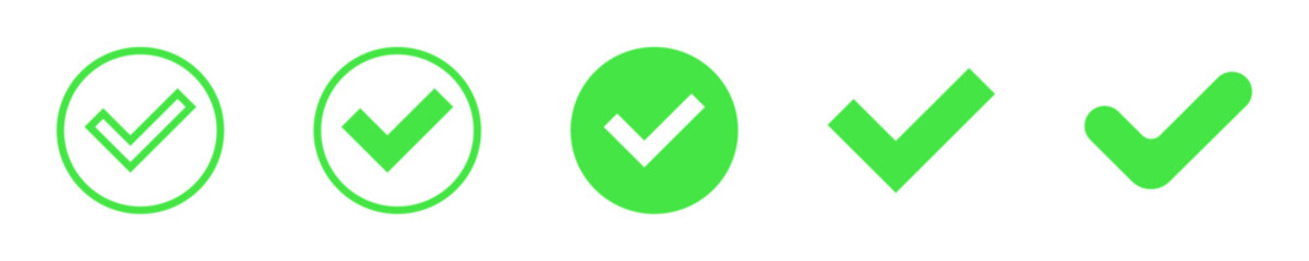 Check mark icon. Green tick icons set. Complete and done icon symbol. Correct icon in flat style. Vector stock illustration.