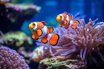 Fototapeta na wymiar Beautiful colorful sea fish live in an aquarium among various algae and corals. Rare fish species in the aquarium. Red Amphiprion Clown fish. Generative AI.