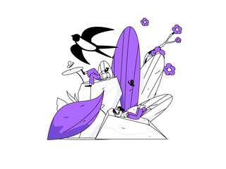 24 solar terms: Beginning of spring, rain, awakening of insects, spring breeze, Qingming Festival, Grain Rain, flat character vector concept operation hand-drawn illustration
