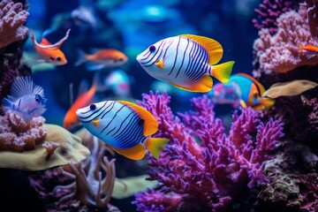 Naklejka na ściany i meble Beautiful colorful sea fish live in an aquarium among various algae and corals. Rare fish species in the aquarium. Generative AI.