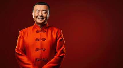 Obraz premium Radiant Asian Man Portraying Joy and Contentment on Solid Background