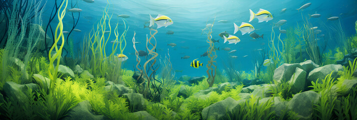 Colorful water reef with green algae and fishes