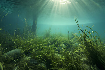 Colorful water reef with green algae and with sun rays underwater - obrazy, fototapety, plakaty