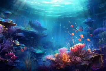 Beautiful seabed with colorful fish and coral reef. A postcard from the copy space. The bottom of the ocean with active marine life. Cartoon style, Generative AI.