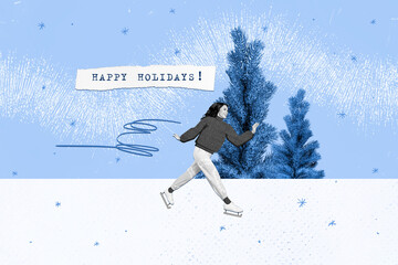 Creative drawing collage picture of energetic female ice skater christmas new year greeting card...