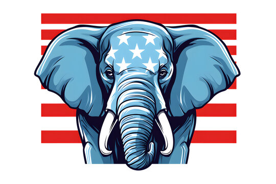 Illustration of an elephant with the American flag colors and stars on its head, set against a striped red and white background, symbol of democrats