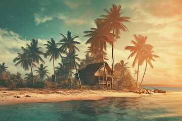 3D illustration of palm trees by the sea with a vintage touch. Generative AI