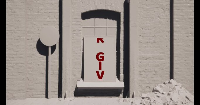 Modellazione 3D  e video di una parete con quadro e testo NEVER GIVE UP