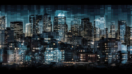 Fototapeta na wymiar City Lights Reflections: Modern Urban Skyline Panorama