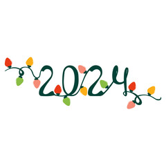 2024 typography logo design concept. Happy new year 2024 logo design. Trendy new year 2024 design template. Handwriting 2024 numbers with garland. Vector illustration for greeting, calendar, printing.
