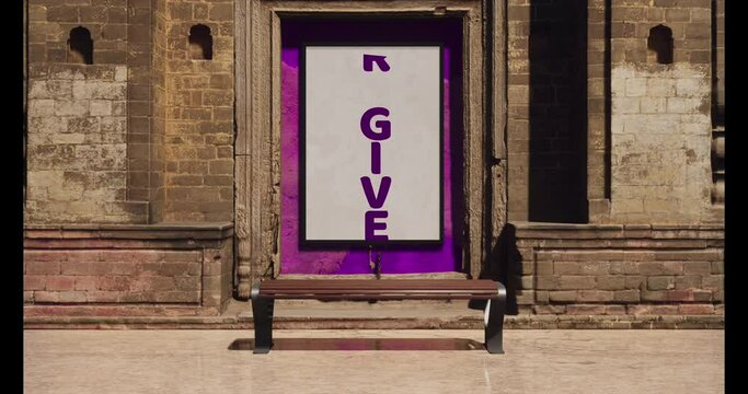Modellazione 3D  e video di una parete con quadro e testo NEVER GIVE UP