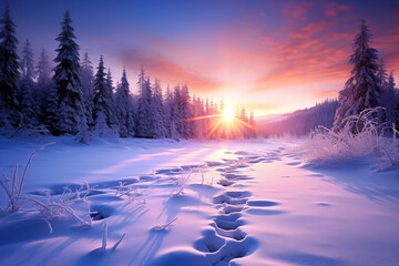 winter trees and sunset at the forest. Sunset in the wood in winter period. sun shines through...