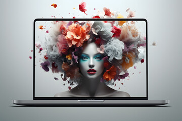 Stylized woman with red lips amidst digital flower explosion on laptop