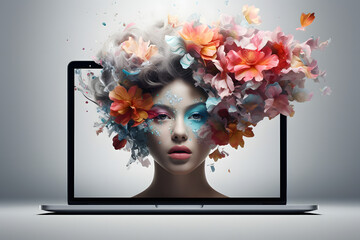 A striking visual of a woman's face displayed on a laptop screen, with her features accentuated by a myriad of vibrant abstract forms, resembling a floral bouquet, set against a minimalist background