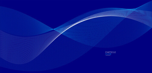 Blue dots in motion dark vector abstract background, particles array wavy flow, curve lines of points in movement, technology and science illustration.