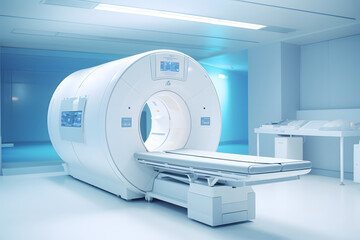 White MRI machine in a bright blue room - obrazy, fototapety, plakaty