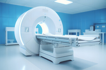 MRI machine in a blue illuminated room