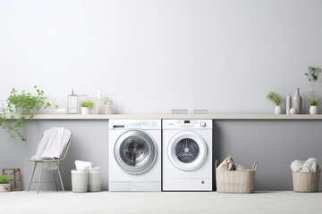 washing machines in a clean organized neat utility laundry room or washing service room interior front view shot as wide banner mockup design with copy space area