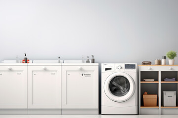 washing machines in a clean organized neat utility laundry room or washing service room interior front view shot as wide banner mockup design with copy space area - obrazy, fototapety, plakaty