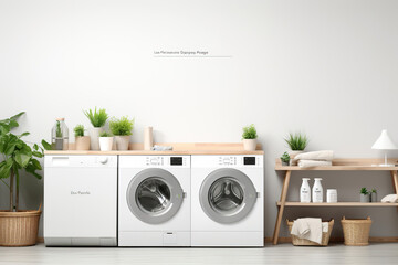 washing machines in a clean organized neat utility laundry room or washing service room interior front view shot as wide banner mockup design with copy space area - obrazy, fototapety, plakaty