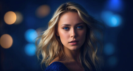 Beautiful young girl with blonde hair and blue eyes wearing a blue dress looking at the camera, blue bokeh background