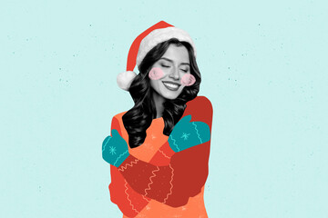 Composite collage picture of black white colors girl closed eyes hands hug shoulders santa hat warm...