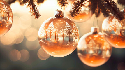 Colorful Christmas Glass baubles hanging from a christmas tree. Shallow field of view with copy space.