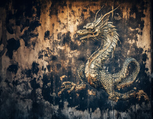 Wood dragon mural ancient wall, weathered background, Chinese zodiac art, cultural heritage. Generated AI.