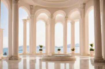 Beautiful antique white pillars made of stone reflecting on the shiny floor, mountains in the background. Vintage architecture