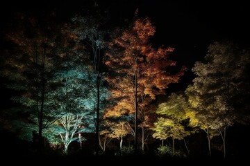 Landscape of illuminated trees in the dark. Generative AI