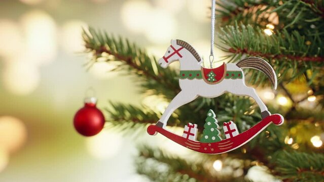 Christmas concept decoration wooden toy horse on Christmas tree rotate on branch tree on background bokeh of side flickering light bulbs garlands for family holiday Happy New Year. Festival mood
