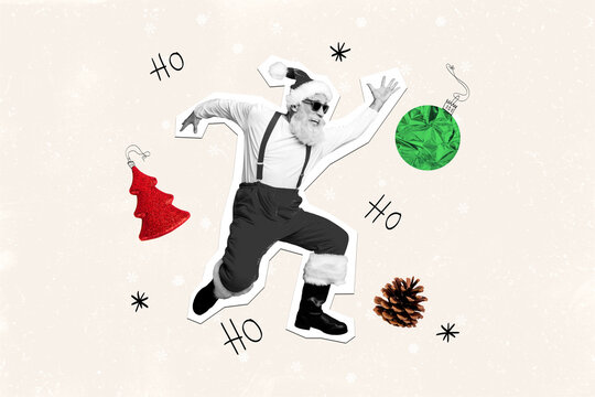 Creative trend collage of funny running cool santa claus christmas new year greeting card template holiday x-mas congratulation