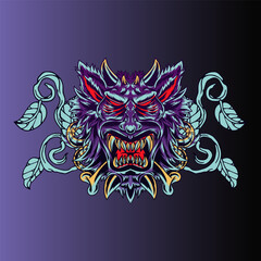 Fototapeta premium Aggressive wild demon beast head in colorful style vector illustration