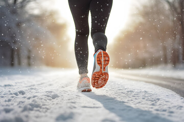 Back view of woman's legs with sport shoes jogging in snow - obrazy, fototapety, plakaty