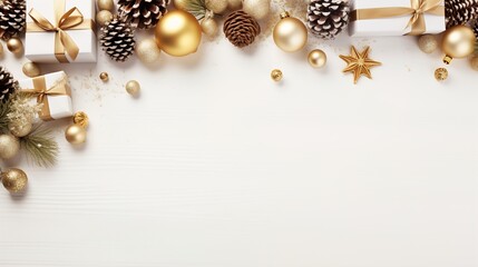 Naklejka premium Festive Holiday Delight, Gold and White Christmas Flat Lay Frame with Copy Space, Adorned with Presents, Pine Cones, and Christmas Ornaments, Christmas White Background 