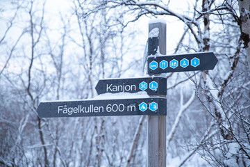 a close up of a hiking sign with snow in winter in the Abisko National Park