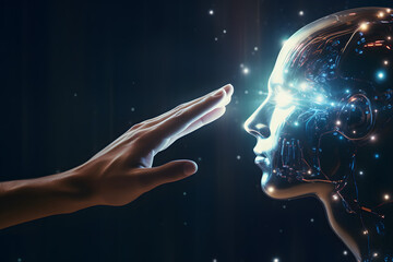 A hand nears a luminescent android head amidst a starry dark backdrop