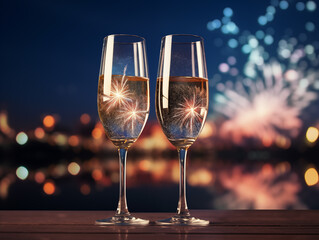 Two glasses of champagne bokeh on the dark background of the city and fireworks. Christmas new year celebration.