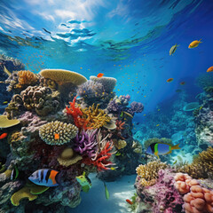 Naklejka na ściany i meble Buntes Unterwasser-Korallenriff mit exotischen Meeresbewohnern