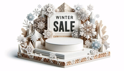 A winter sale banner featuring a podium platform surrounded by geometric shapes. The background is filled with intricately designed snowflake